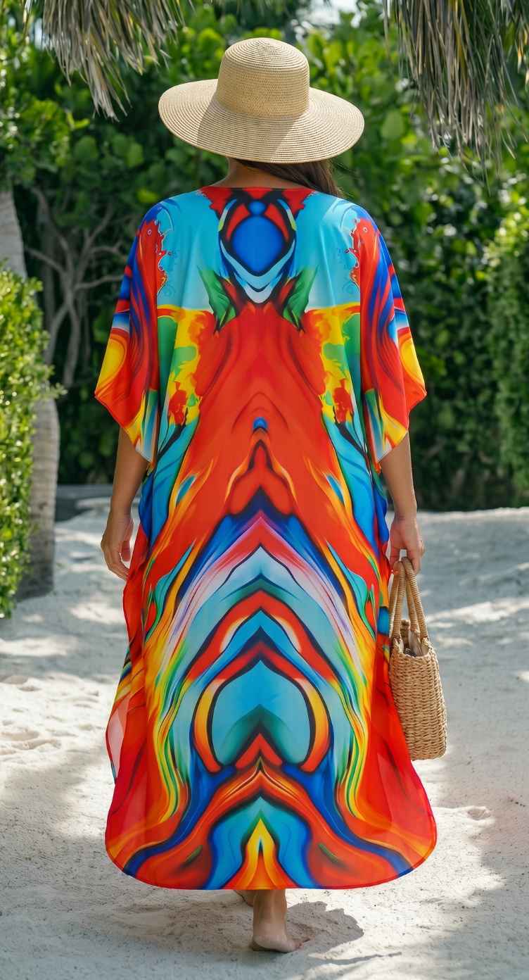 Red Abstract Print Polyester Women Plus Size Kaftan Resort Wear Dress 1X-3X