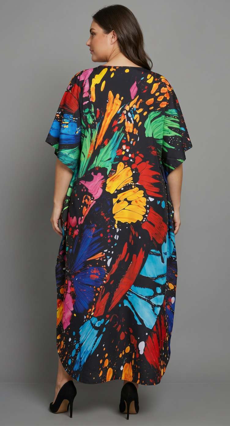 Black Butterfly Polyester Women Plus Size Kaftan Elegant Dress 1X-3X