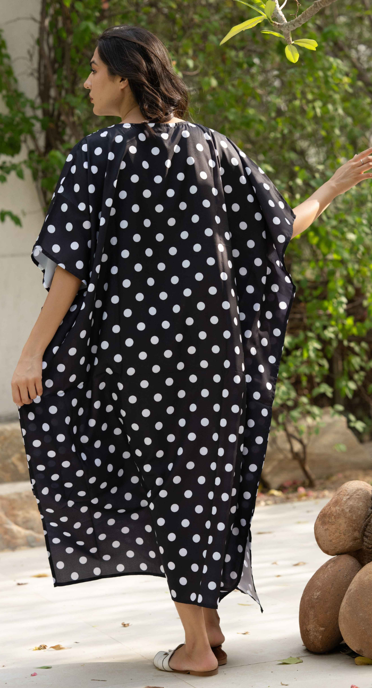 Black Polka Dot Polyester Women Plus Size Kaftan Evening Dress