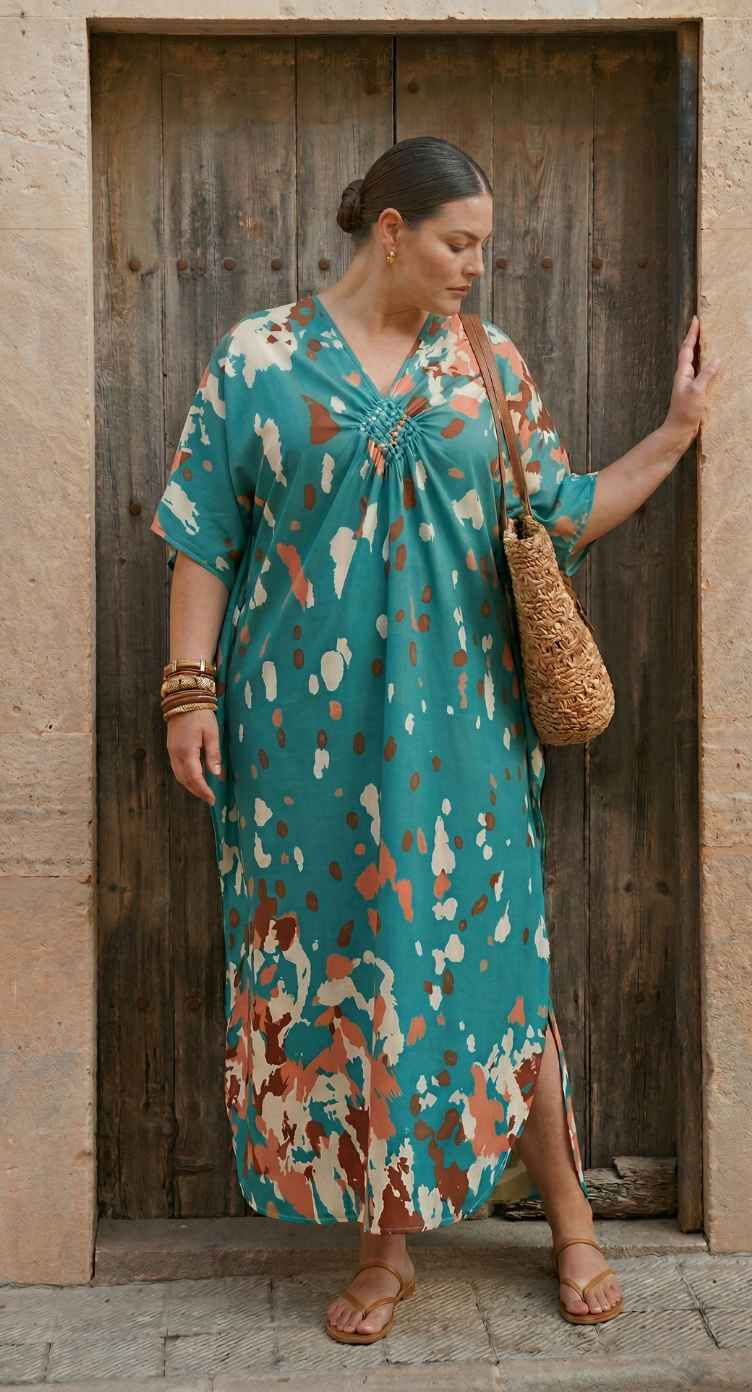 Turquoise Abstract Polyester Women Plus Size Kaftan Lounge Dress 1X-3X