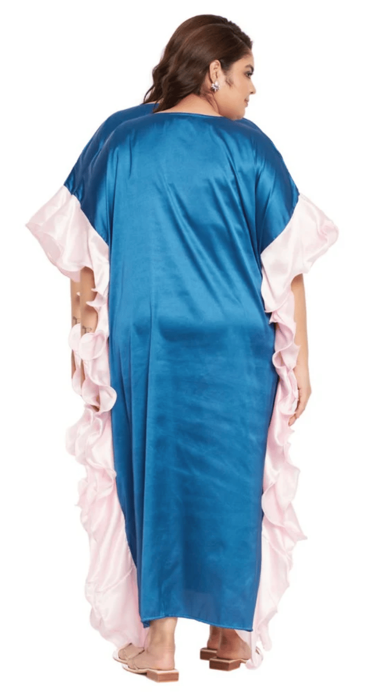 GypsieBlu Blue Plus Size Satin Kaftan Dress for Women 3/4 Sleeve 1X-3X