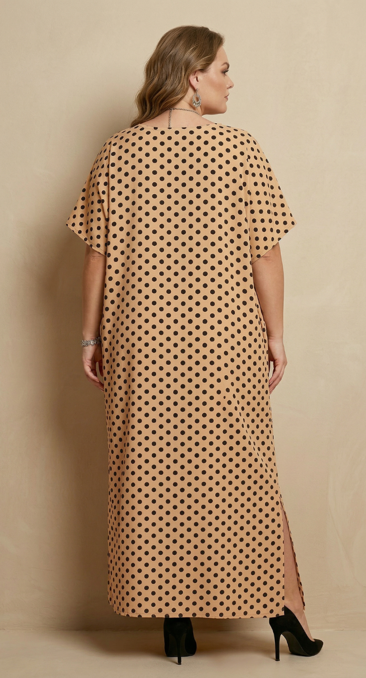 Beige Polka Dot Polyester Women Plus Size Kaftan Poolside Dress