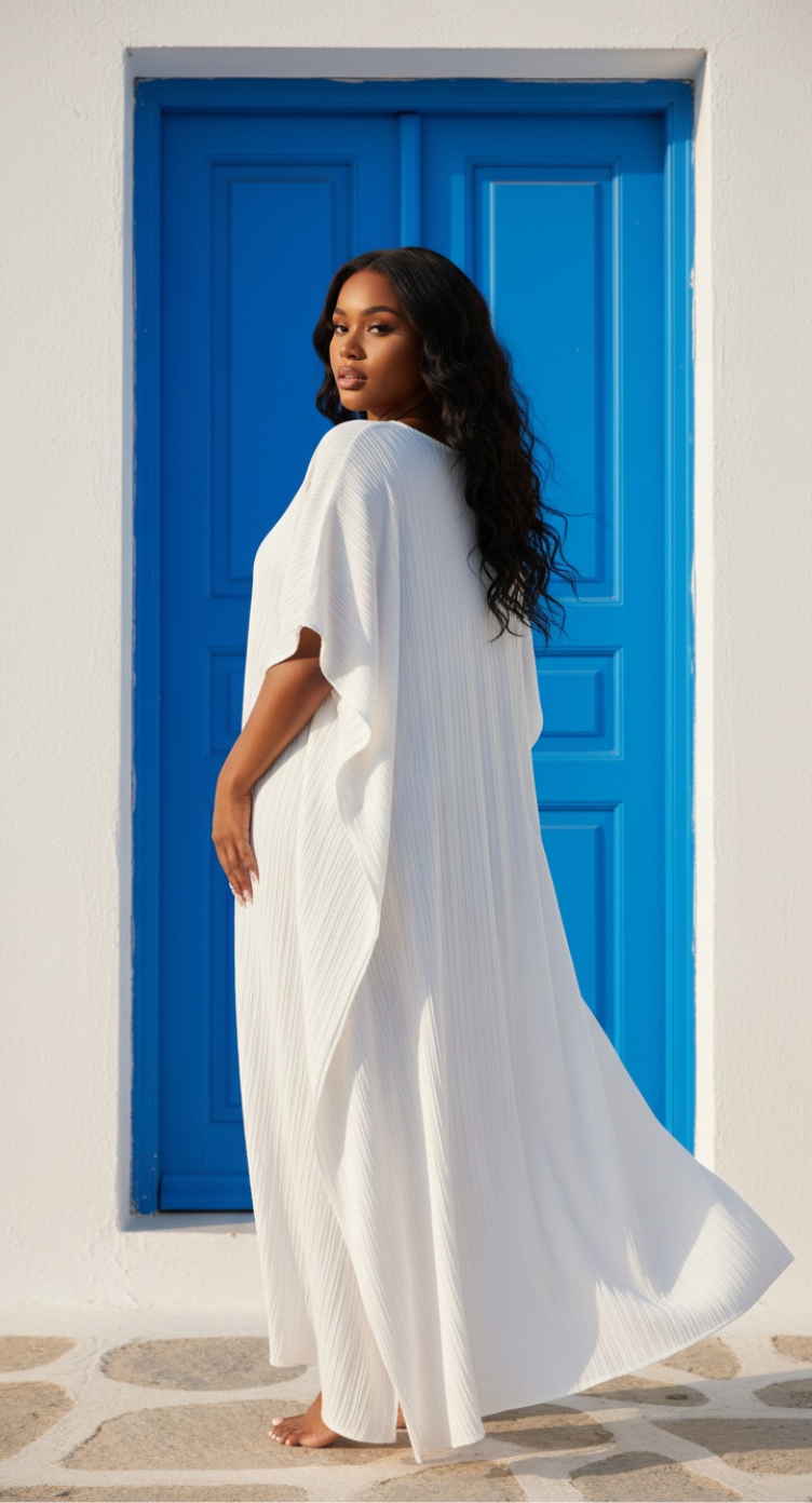 White Pleated Maxi Dress Women V-Neck Kaftan Plus Size Loose Fit Beach Caftan