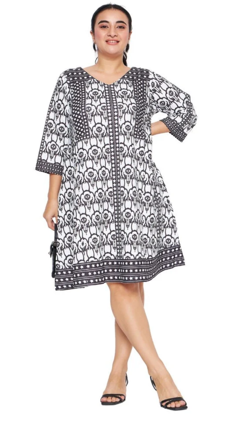 White Floral Polyester Plus Size Dress for Women 1X-3X 3/4 Sleeve | GypsieBlu