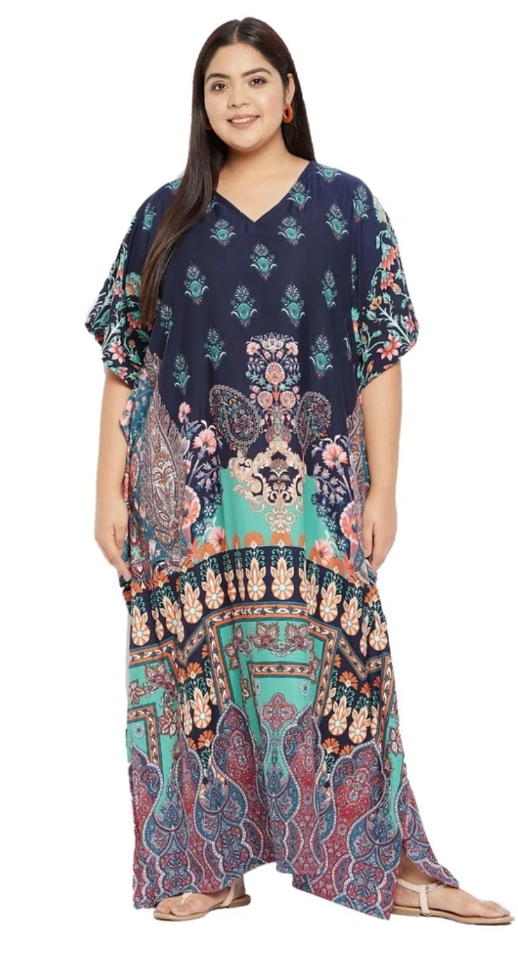 Multicolor Navy Paisley Border Plus Size Kaftan for Women 1X-3X V Neck | GypsieBlu