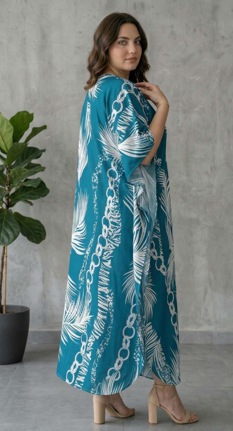 Teal Blue Tropical Polyester Women Plus Size Kaftan Beach Dress 1X-3X