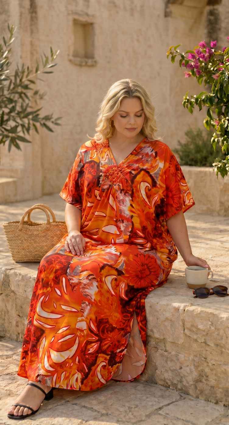 Rust Orange Tropical Print Polyester Women Plus Size Kaftan Tropical Maxi Dress 1X-3X