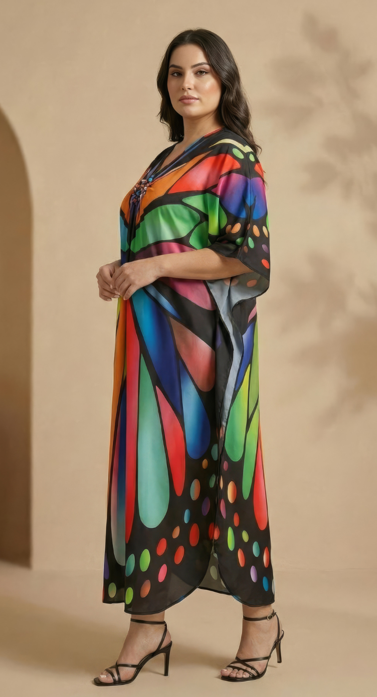 Multicolor Butterfly Polyester Women Plus Size Kaftan Summer Dress