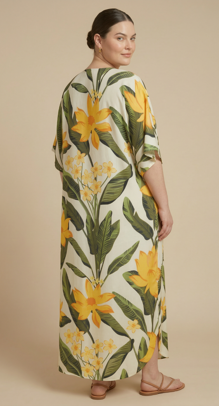 White Leaf Polyester Women Plus Size Kaftan Lounge Dress