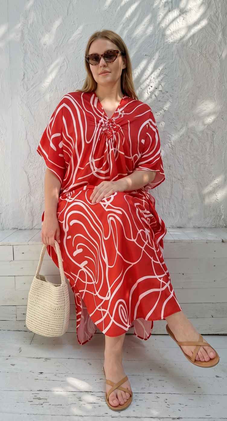 Red Abstract Print Polyester Women Plus Size Kaftan Pool Party Dress 1X-3X