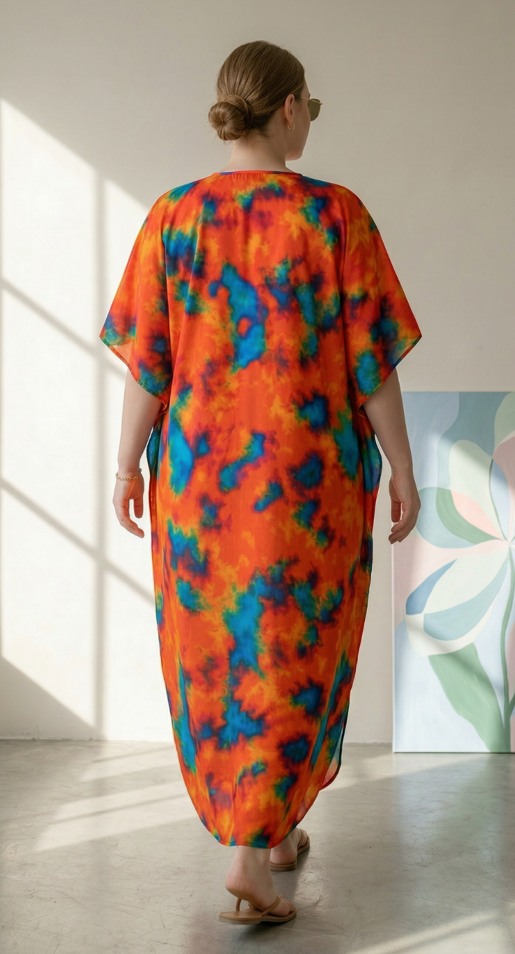 Orange Tie Dye Polyester Women Plus Size Kaftan Festival Dress 1X-3X