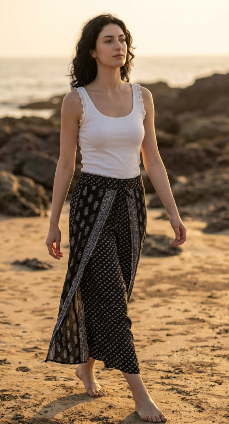 Floral Printed Black Rayon Crepe Bottom Pants For Women - S M L XL