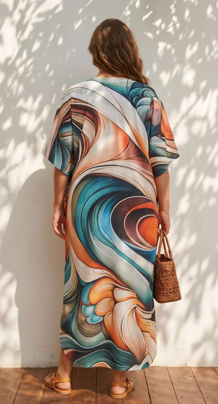 Teal Abstract Print Polyester Women Plus Size Kaftan Vacation Dress 1X-3X