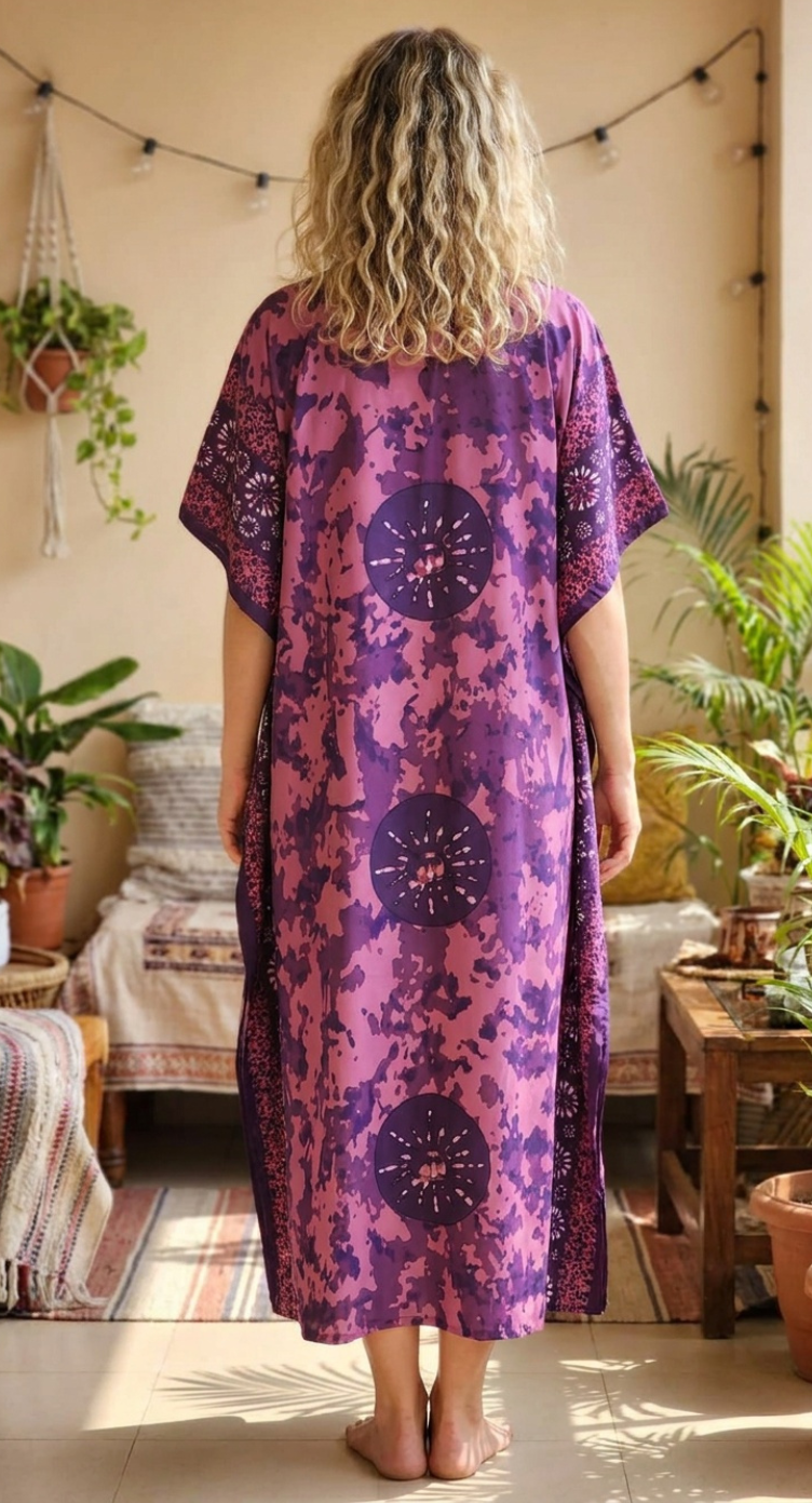 Purple Abstract Polyester Women Plus Size Kaftan Poolside Dress