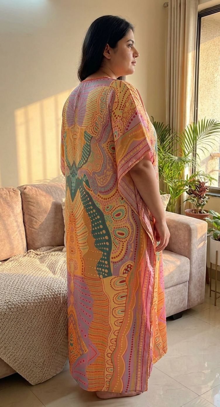 Peach Mandala Satin Women Plus Size Kaftan Tropical Dress