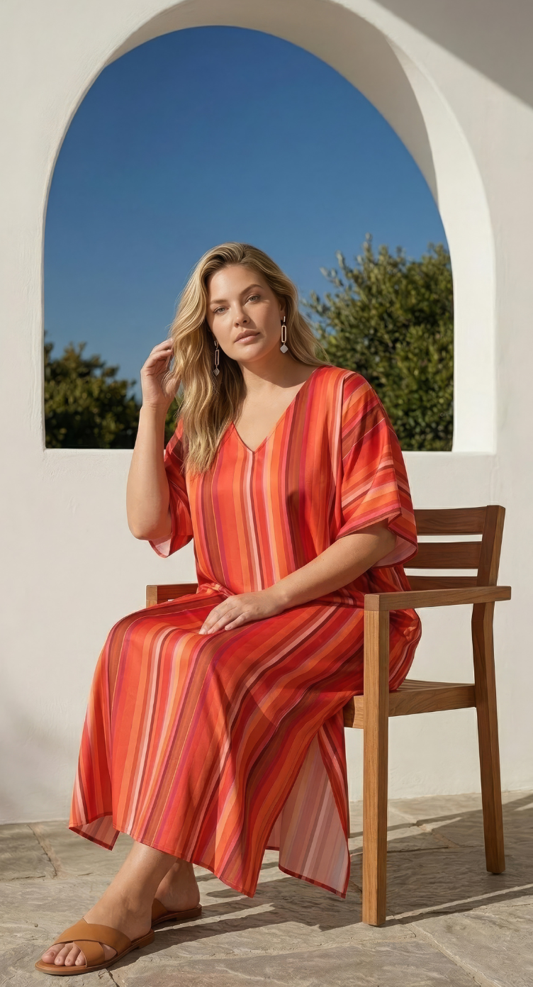 Orange Striped Polyester Women Plus Size Kaftan Casual Dress 1X-3X - SKU KT52-1004 - Gypsie Blu