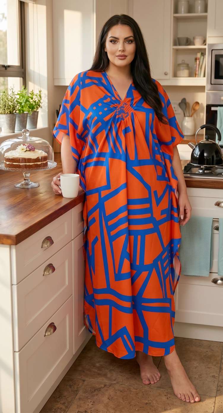 Bright Orange Geometric Print Polyester Women Plus Size Kaftan Holiday Dress 1X-3X