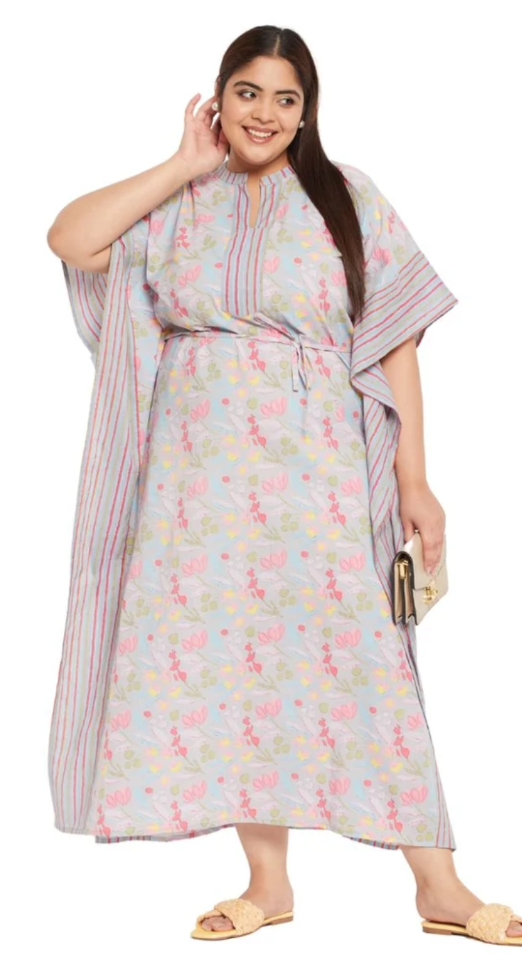 GypsieBlu Gray Floral Plus Size Cotton Kaftan Dress for Women 3/4 Sleeve 1X-3X