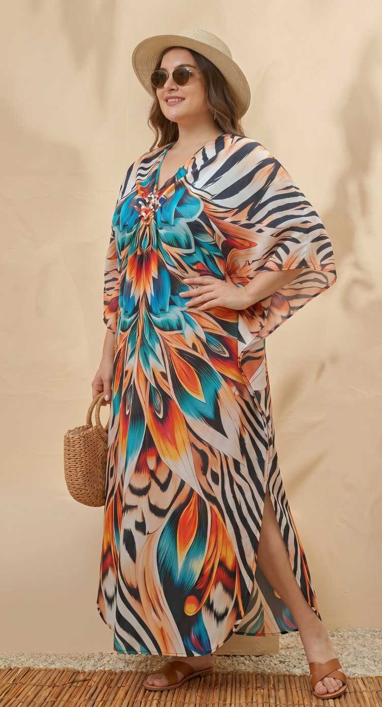 Multicolor Abstract Polyester Women Plus Size Kaftan Brunch Dress 1X-3X
