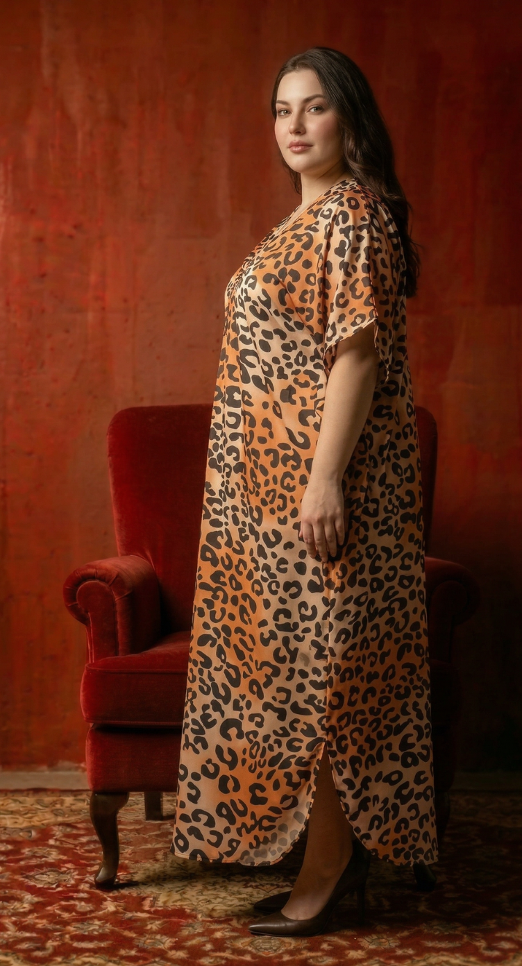 Burnt Orange Leopard Polyester Women Plus Size Kaftan Casual Dress