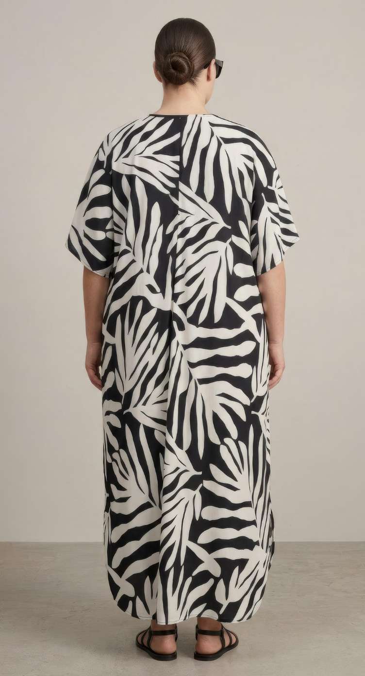 Black Leaf Polyester Women Plus Size Kaftan Evening Dress 1X-3X
