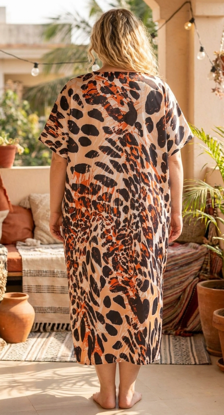 Beige Leopard Polyester Women Plus Size Kaftan Vacation Dress