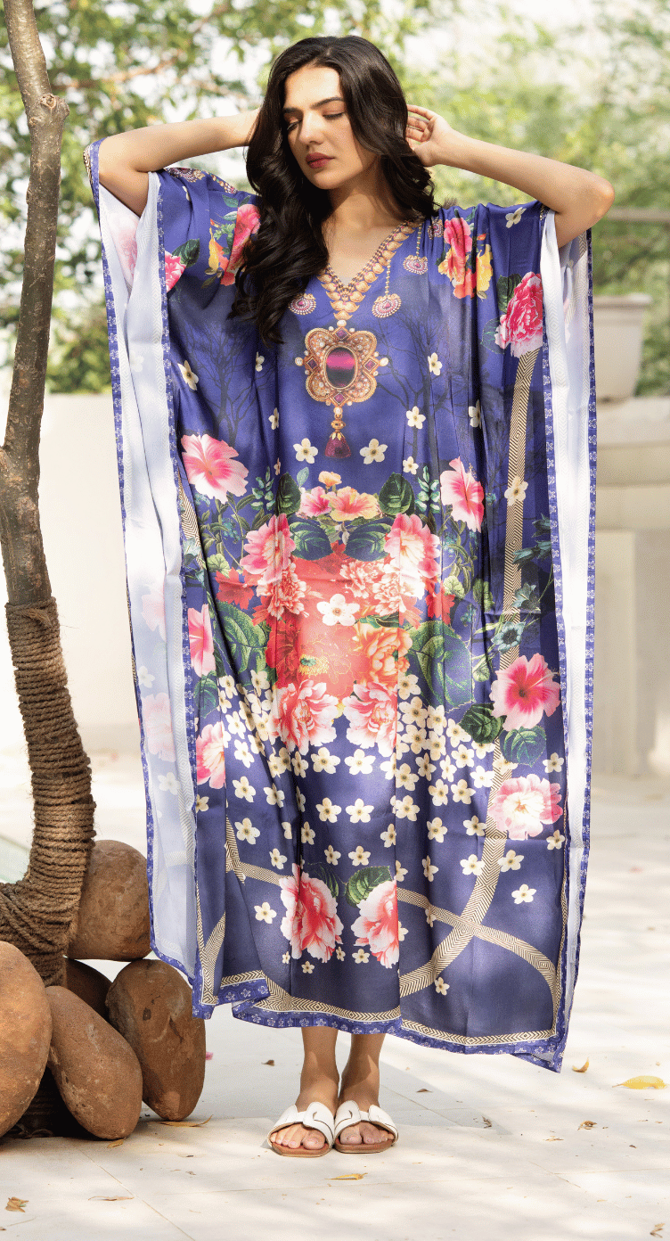 Floral Royal Blue Satin Silk Kaftan Dress for Women Plus Size