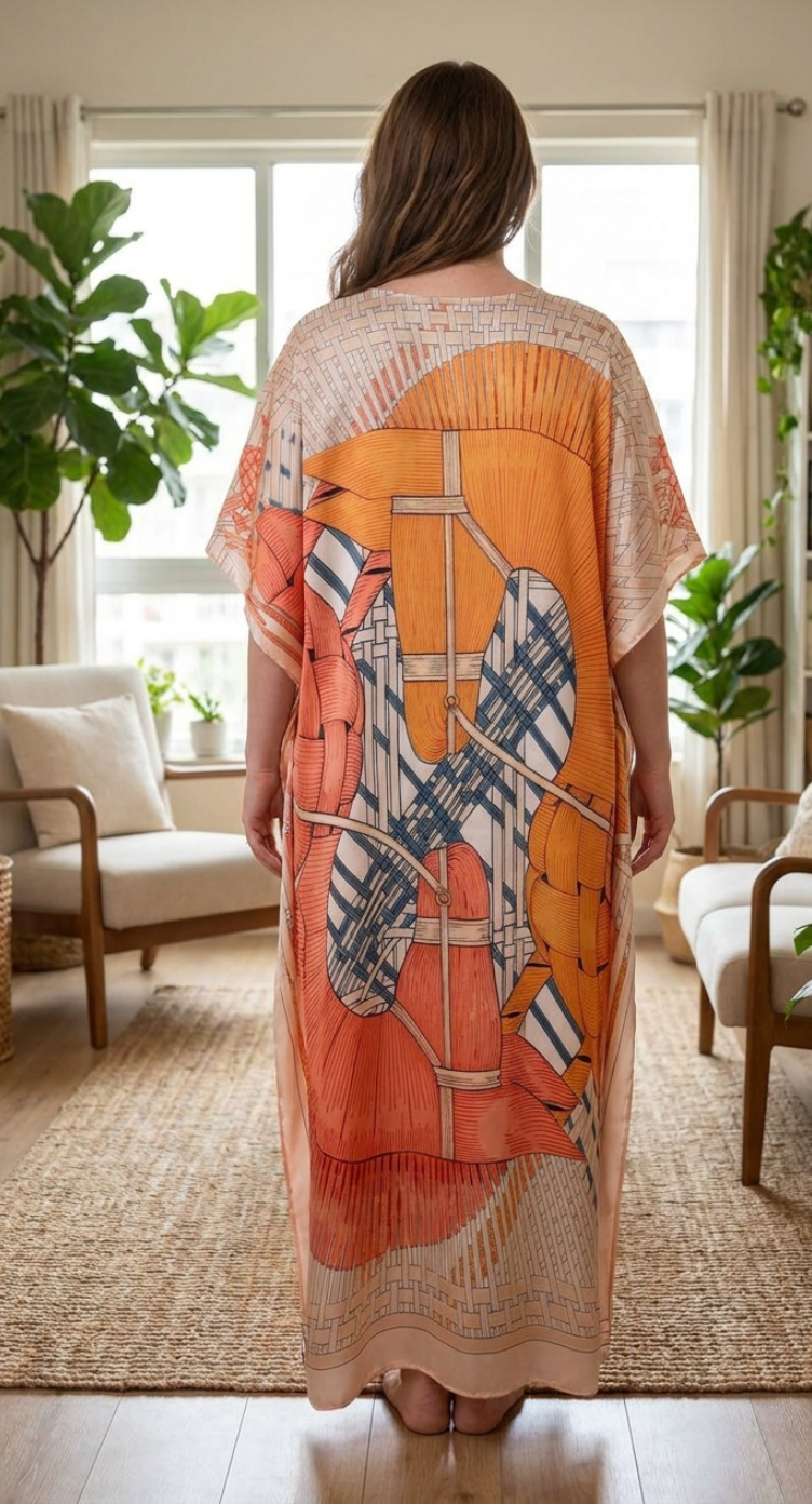 Orange Geometric Satin Women Plus Size Kaftan Summer Dress