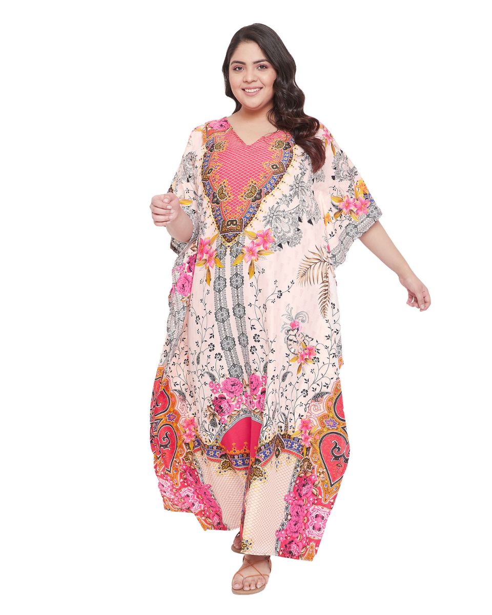Floral Printed Pink Polyester Plus Size Kaftan Dress For Women