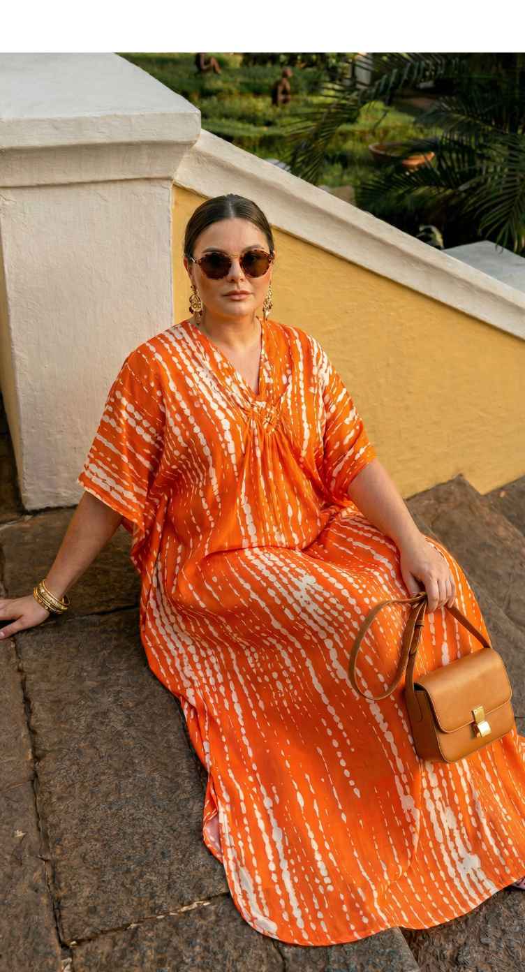 Orange Tie Dye Polyester Women Plus Size Kaftan Vacation Dress 1X-3X