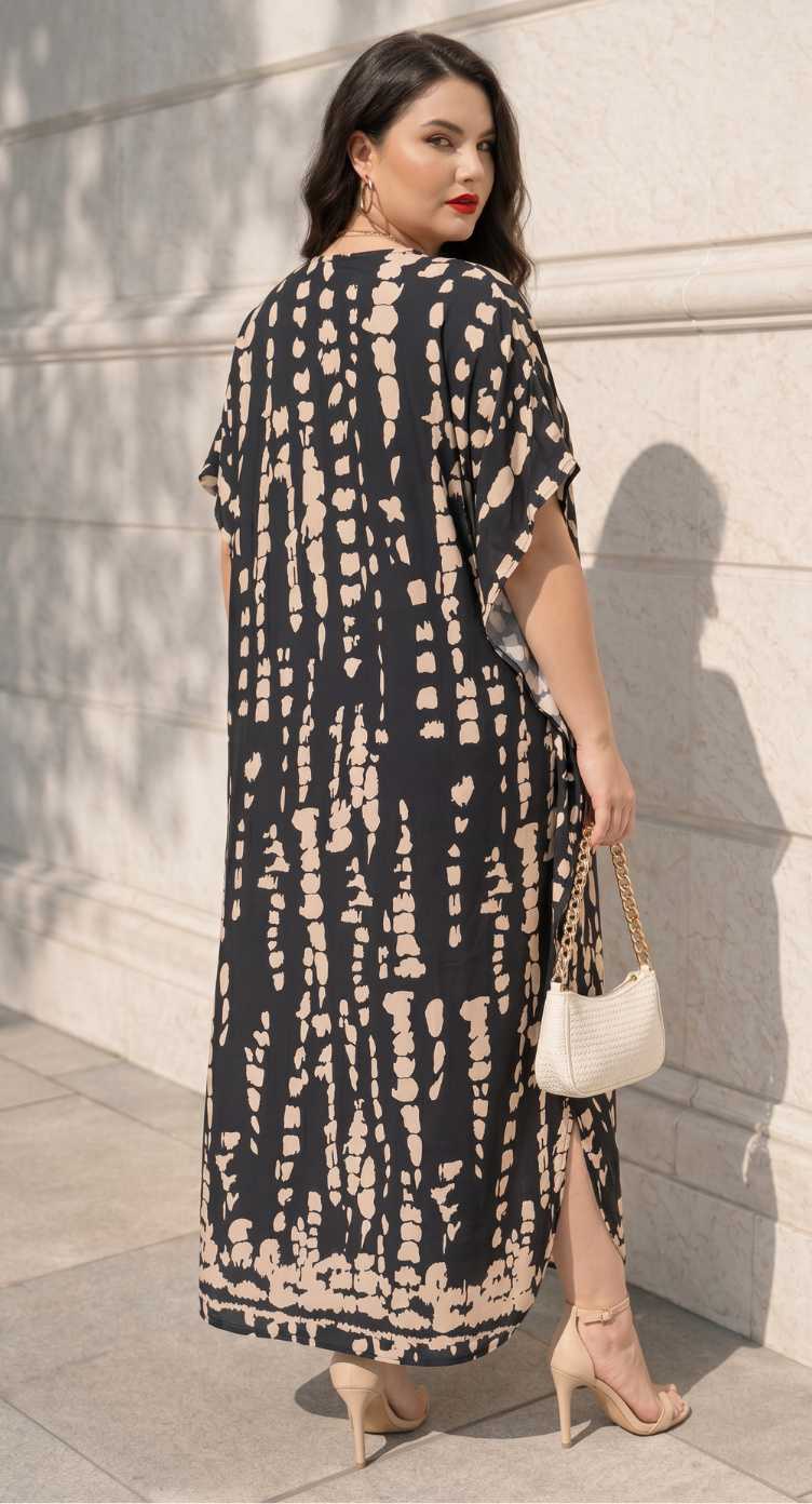 Black Tie Dye Polyester Women Plus Size Kaftan Loungewear Maxi Dress 1X-3X