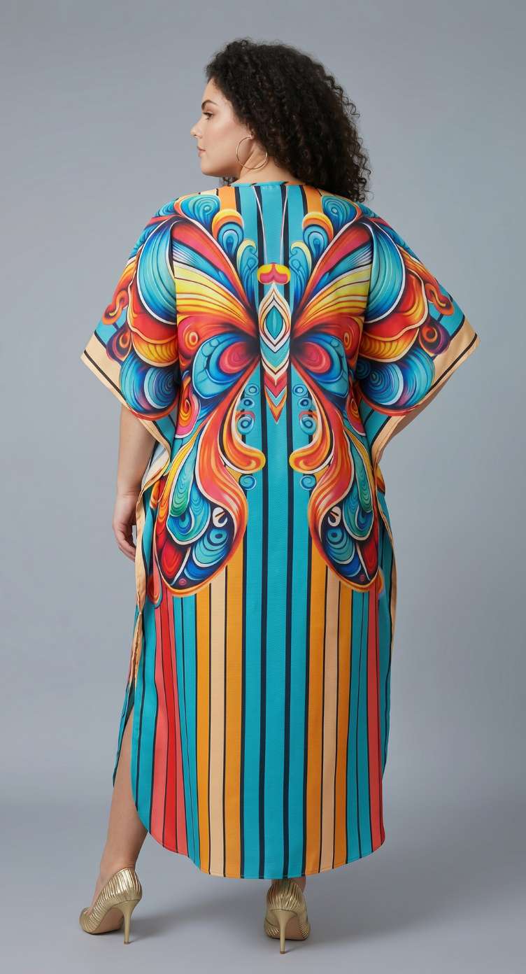 Turquoise Butterfly Print Polyester Women Plus Size Kaftan Vacation Dress 1X-3X