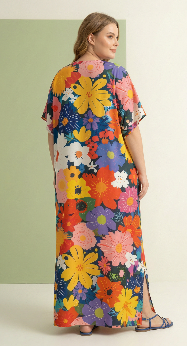 Multicolor Floral Polyester Women Plus Size Kaftan Tropical Dress