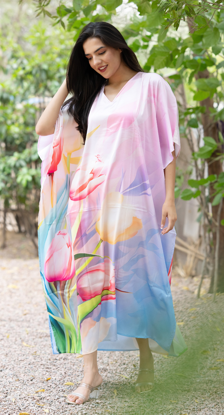 Floral Pastel Satin Silk Women Plus Size Kaftan Resort Dress