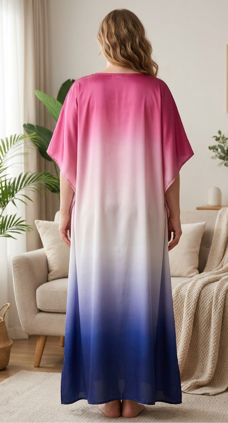 Pink Ombre Satin Women Plus Size Kaftan Vacation Dress