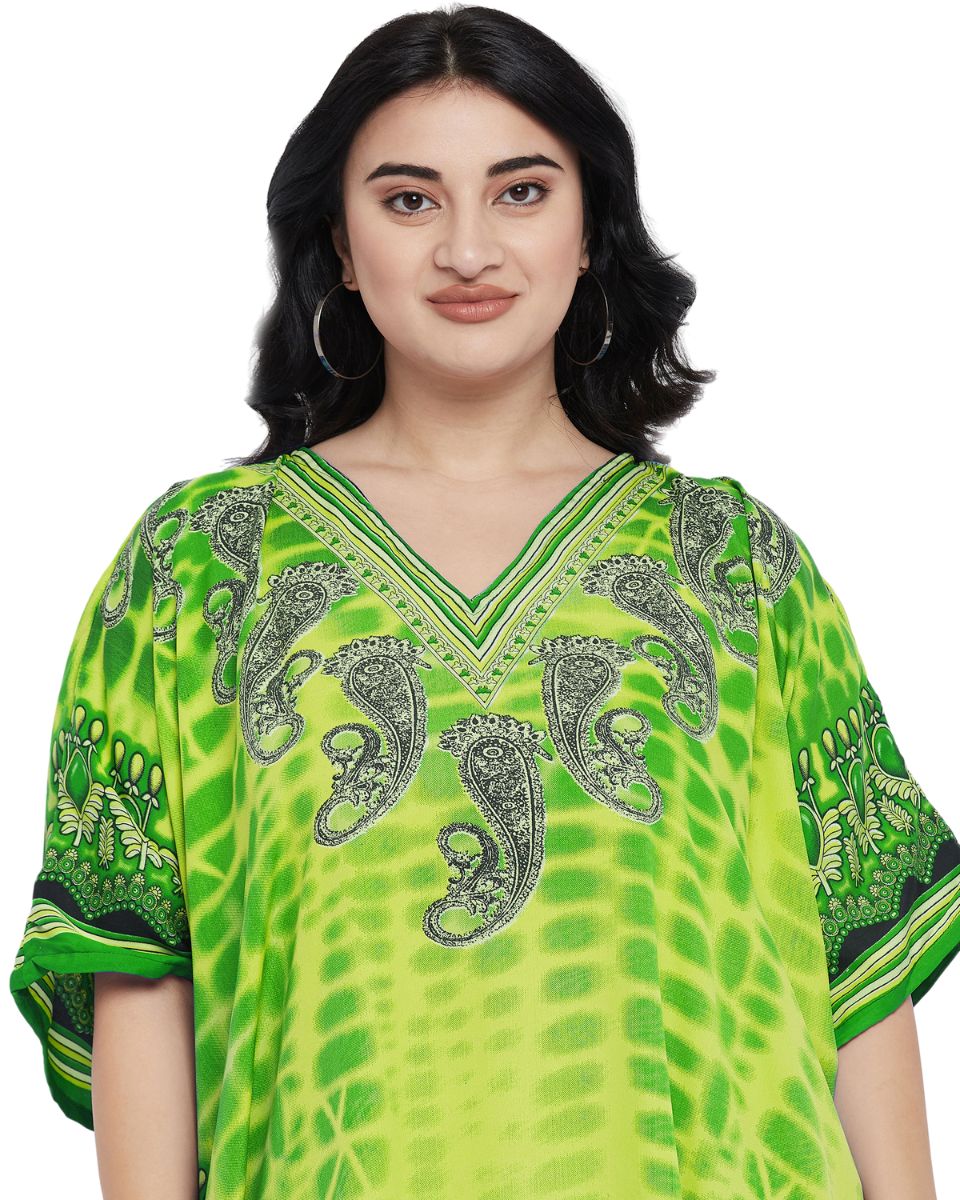 Paisley Printed Green Plus Size Polyester Kaftan Dress For Women