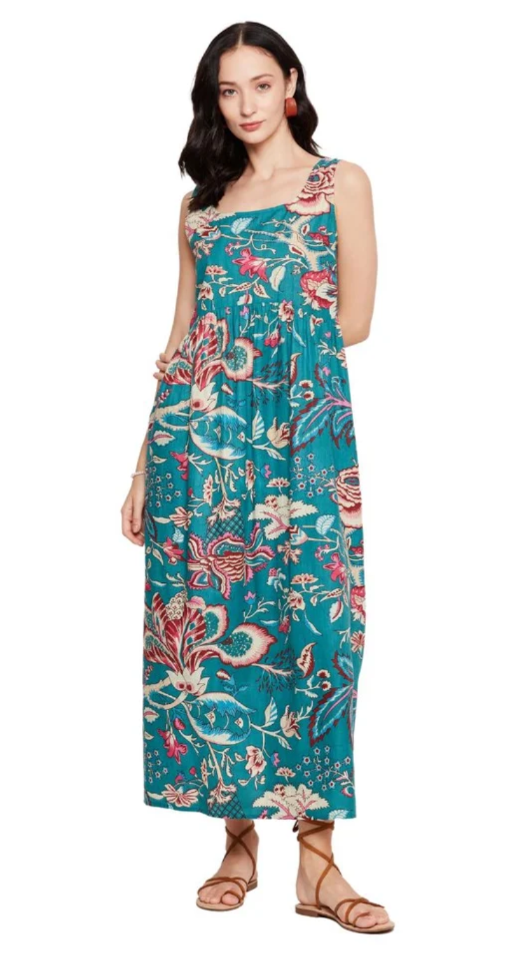 Bold Turquoise Floral Cotton Maxi Dress for Women S-XL Sleeveless | GypsieBlu