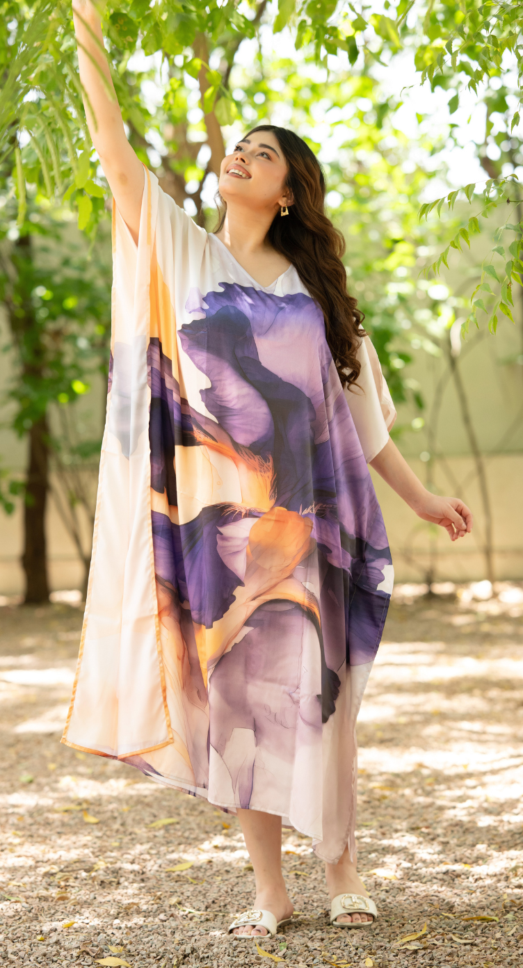 Floral Print Lavender Satin Women Plus Size Kaftan Resort Dress