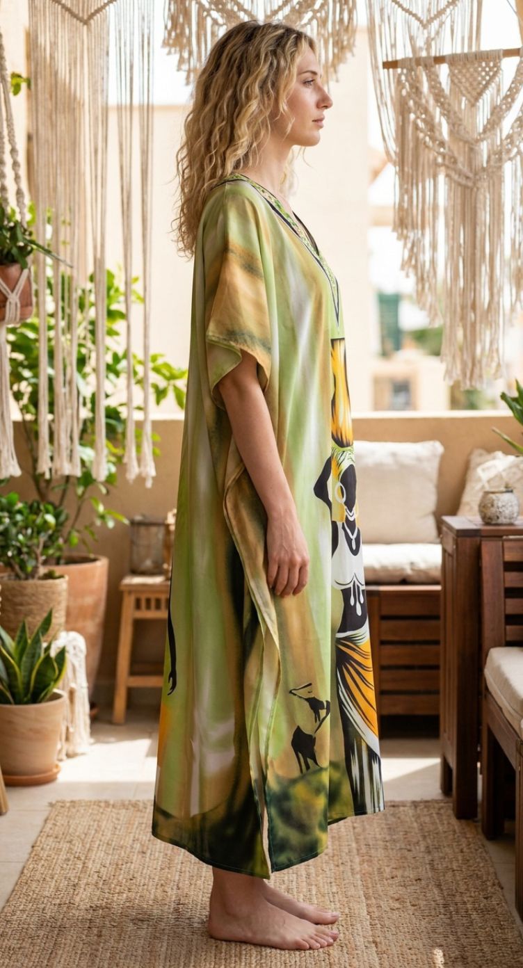 Lime Green Tribal Polyester Women Plus Size Kaftan Festival Dress - SKU SG152-9342 - Gypsie Blu