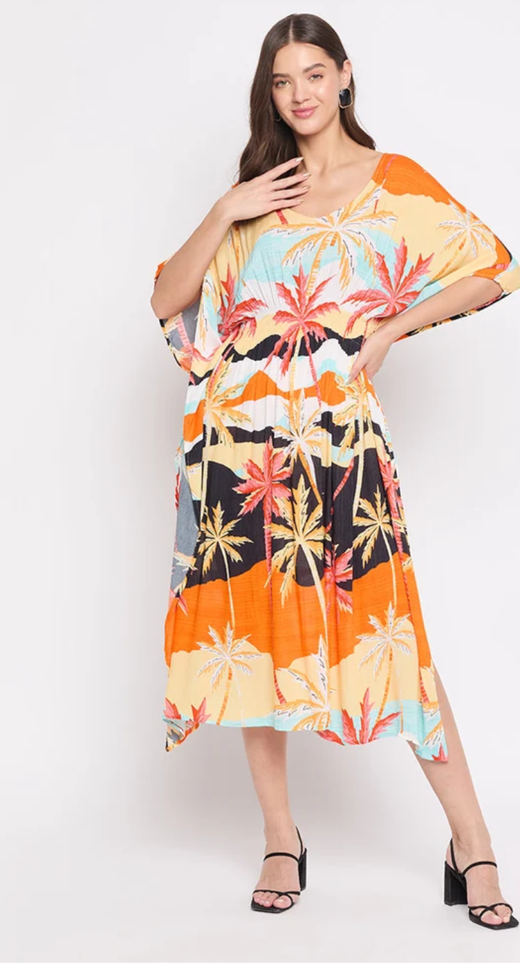 Multicolor Palm Grove Rayon Kaftan for Women S-XL | GypsieBlu