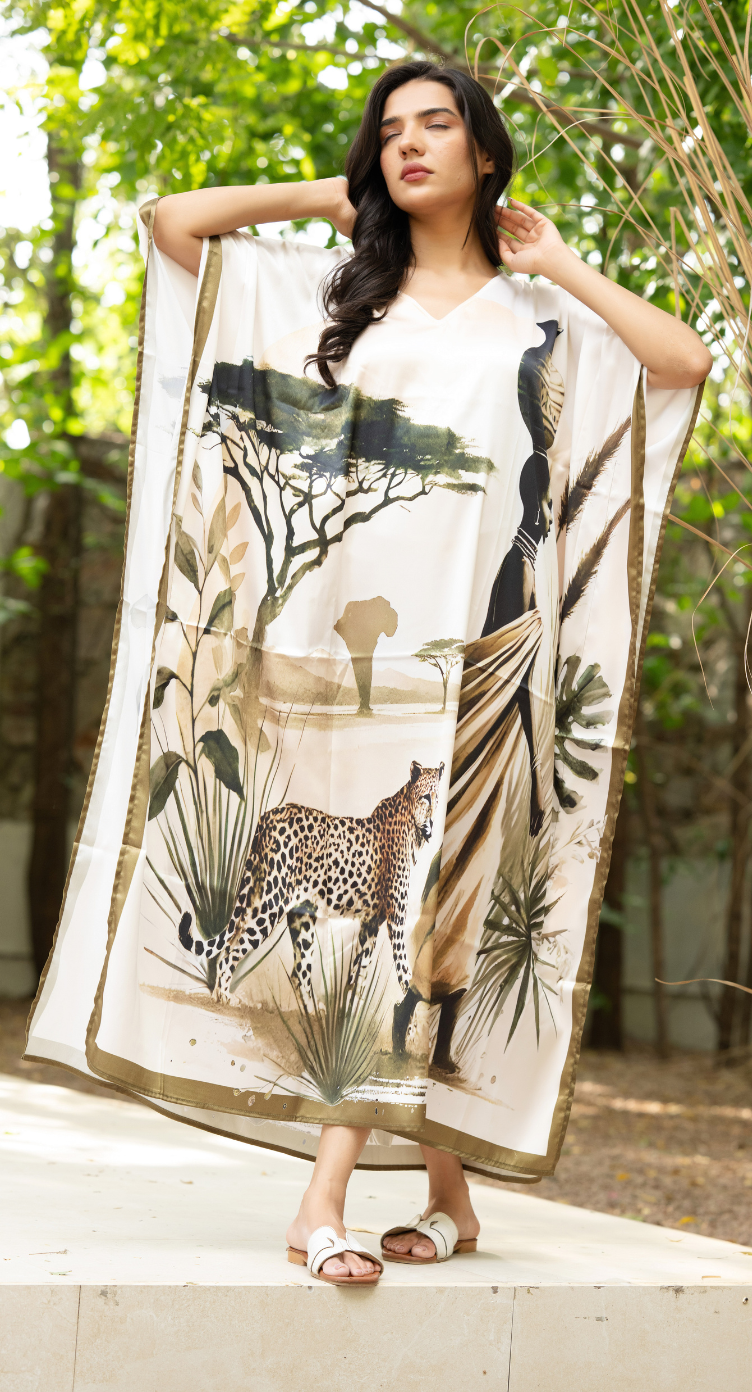Wildlife Print Cream Satin Plus Size Women Resort Caftan