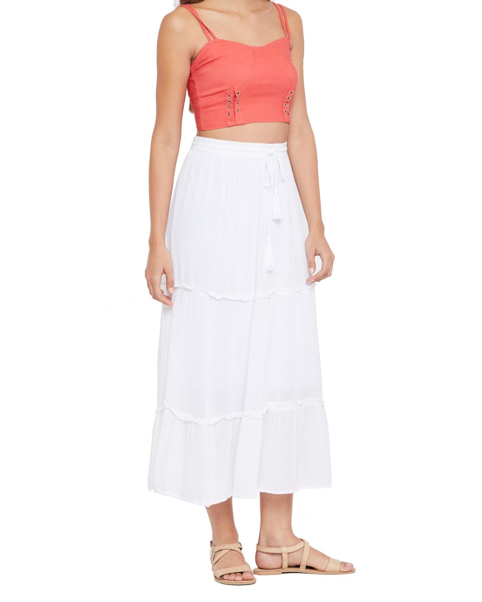 Solid White Rayon Casual Long Skirt For Women