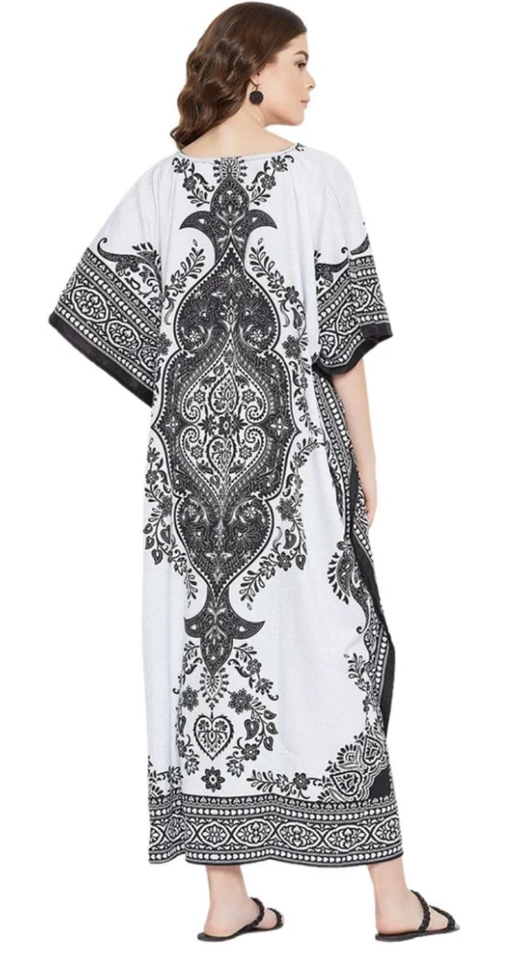 Black & White Paisley Medallion Polyester Plus Size Kaftan for Women 1X-3X | GypsieBlu