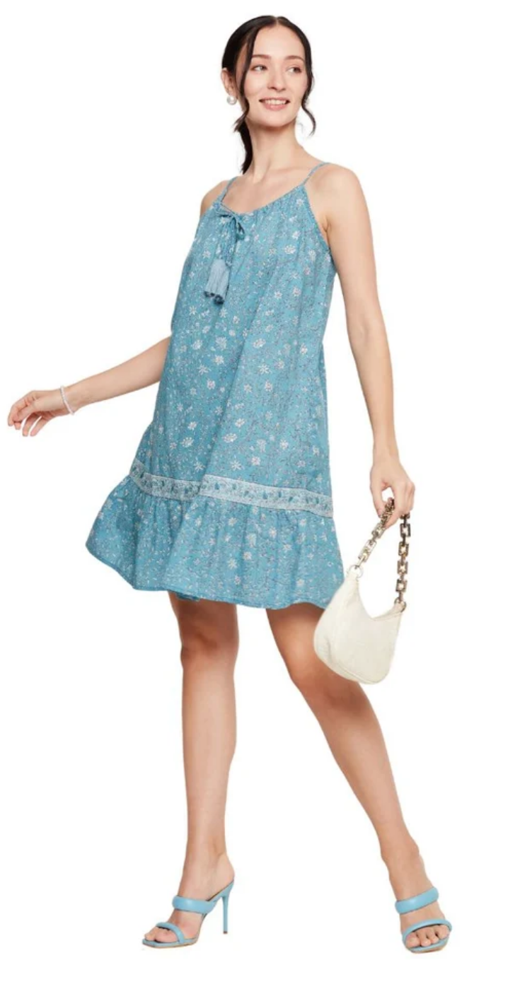Turquoise Floral Cotton Dress for Women S-XL Sleeveless Halter Neck | GypsieBlu