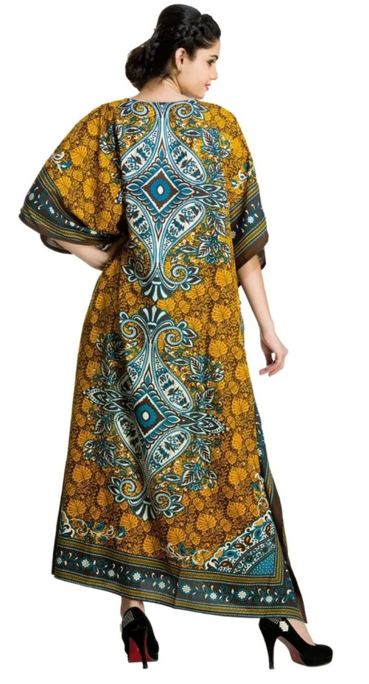 Teal Yellow Medallion Paisley Polyester Plus Size Kaftan for Women 1X-3X | GypsieBlu