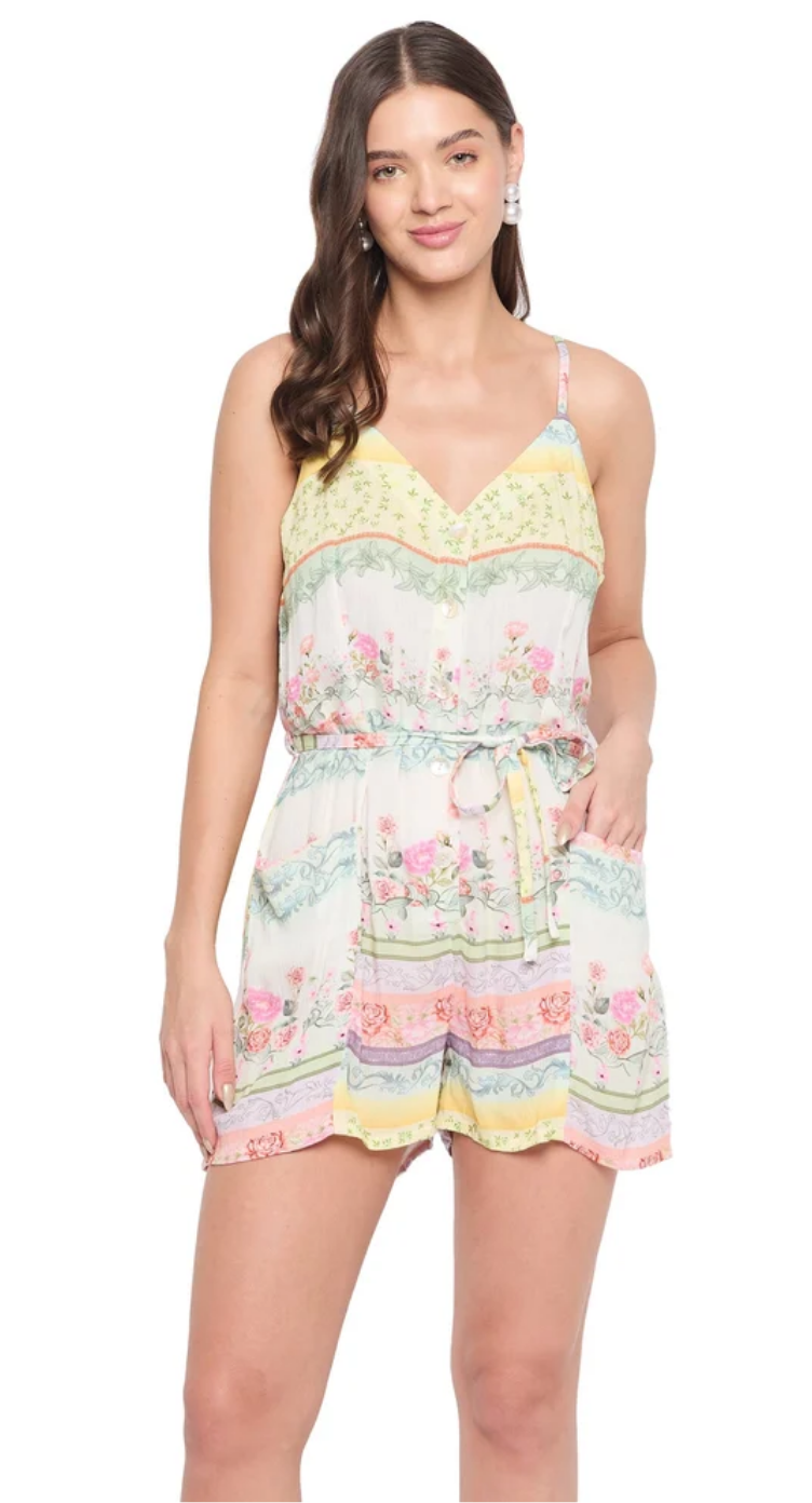 White Floral Rayon Playsuit for Women S-XL Sleeveless V Neck | GypsieBlu