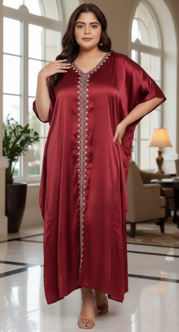 Shop Jester Red Satin Women's Kaftan Dress with Embroidery Lace Now!
