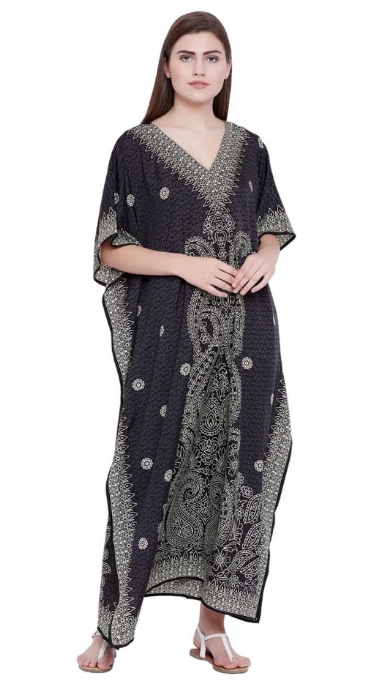 Black Monochrome Lace Paisley Polyester Plus Size Kaftan for Women 1X-3X | GypsieBlu