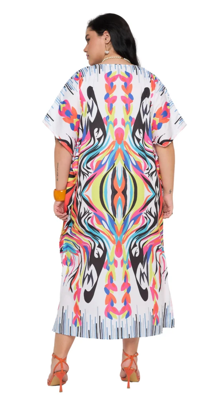 White Abstract Kaleidoscope Polyester Plus Size Kaftan for Women 1X-3X | GypsieBlu