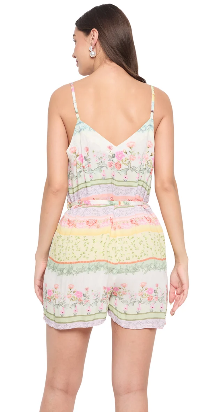 White Floral Rayon Playsuit for Women S-XL Sleeveless V Neck | GypsieBlu